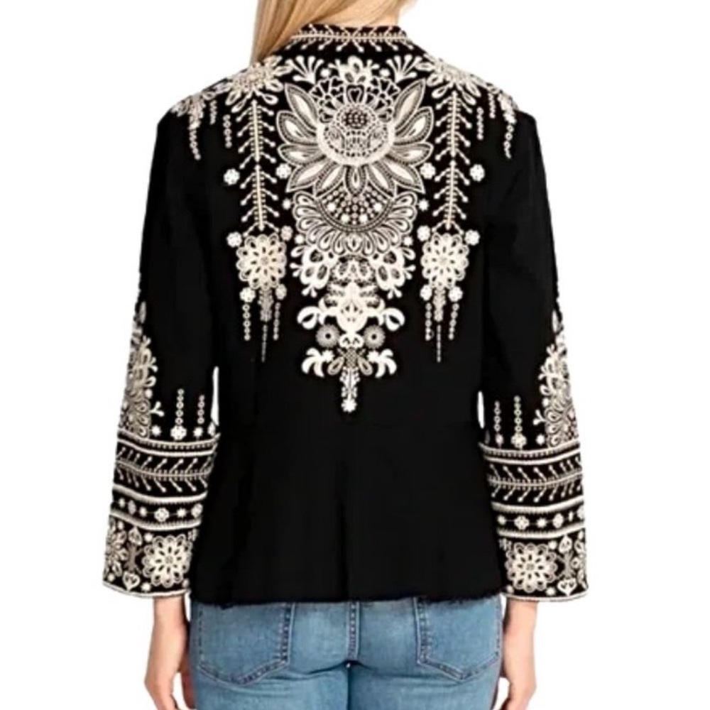 Johnny Was Workshop Marik Black Embroidered Peplum Military Jacket Raw Hem Small - Picture 2 of 14
